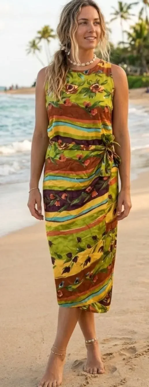 Vintage 90's Boho Floral Beachy Sleeveless Faux Wrap Dress